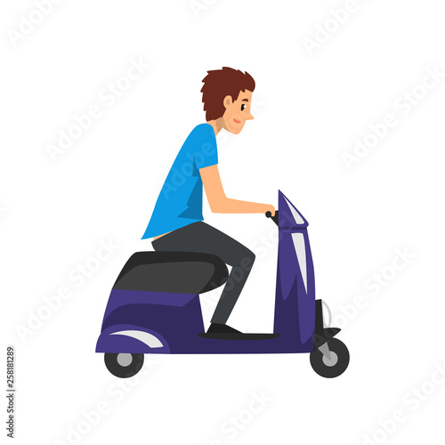 Young man riding scooter vector Illustration on a white background