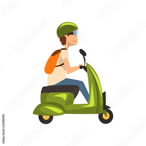 Young man in green helmet riding scooter vector Illustration on a white background