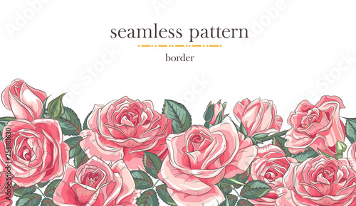 Seamless border pattern with sketch colorful blossoms. Seamless stripe with hand drawn roses and leaves. Vector illustration
