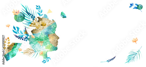 Veganism illustration with image of woman face in trendy watercolor style. Banner with leaves, branches, flowers — Introspection. Vegan concept with hand-drawn elements. Green planet.