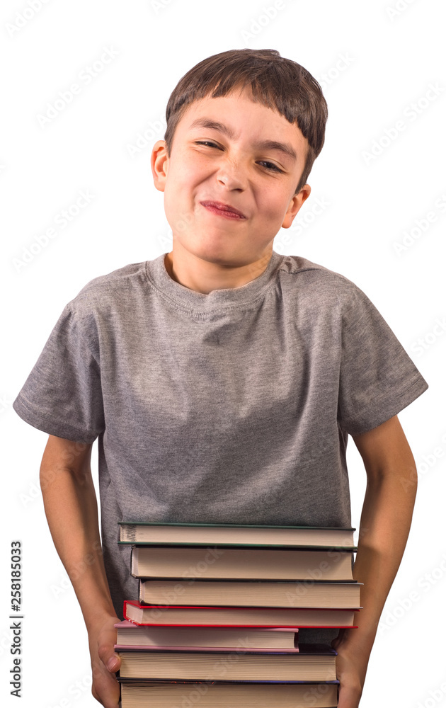 Cute boy with stack of books on white background Cute boy with stack of books on white background