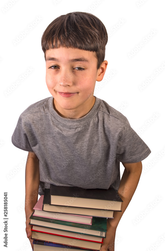 Cute boy with stack of books on white background Cute boy with stack of books on white background