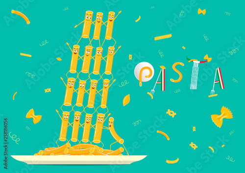 Pasta on a plate vector. Funny, cartoon pasta on a plate. Cartoon characters smiling and laughing. Funny pasta, food vector