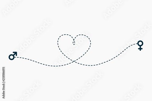 Love travel route. Line path vector icon of route with dash line trace from man to woman