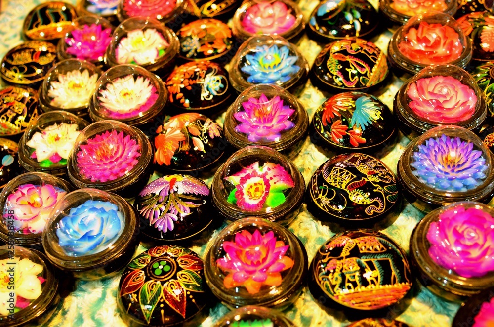 Handcrafted soap flowers at night market in Thailand