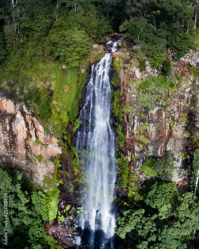 Aerial view of a waterfall in the middle of the rainforest