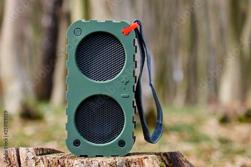 Portable Bluetooth Speaker on a tree stump in the woods photo