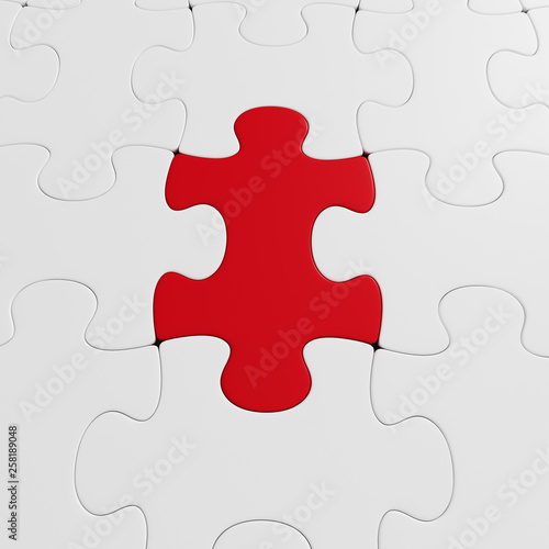 Red jigsaw puzzle piece in solved pattern. 