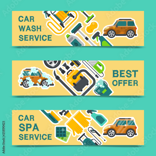 Car wash banner water transport cleaner background vector illustration. Washer car shower washing service auto vehicle cleaner station. Transportation care business concept.