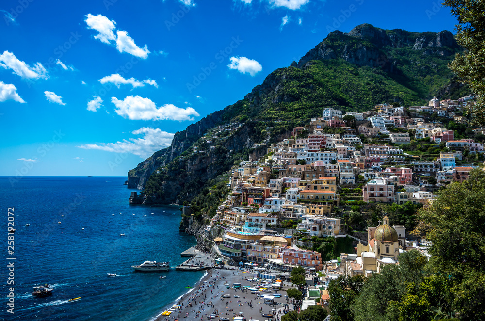 Panorama of beautiful coastal town - Positano by Amalfi Coast in Italy during summer's daylight, Positano, Italy