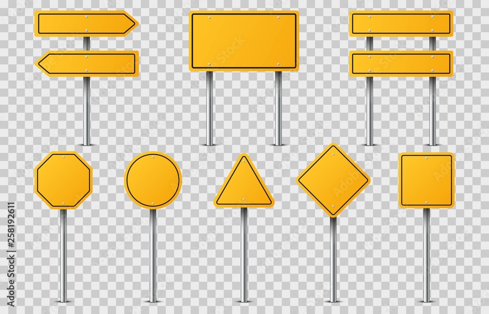 Set of yellow road signs on transparent background. Blank traffic road empty sign. Mock up template for your design.