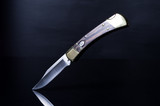 Knife with a button on the handle. Folding knife with a wooden handle.