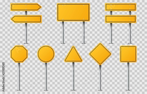 Set of yellow road signs on transparent background. Blank traffic road empty sign. Mock up template for your design.