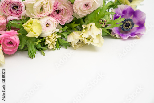 White Anemones and Pink Ranunculus Floral Flat Lay Background