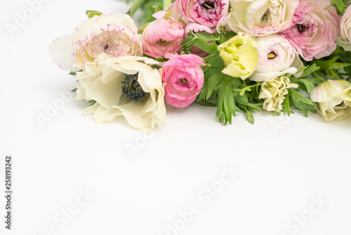 White Anemones and Pink Ranunculus Floral Flat Lay Background