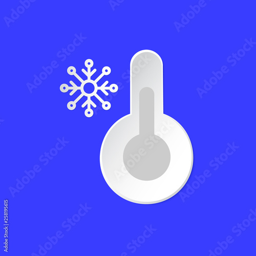 Thermometer, temperature emblem. Snowy Day Weather info icon. Snowflake and Barometer sign paper cut style on blue. Climate weather symbol. For Metcast report, meteo app, web.