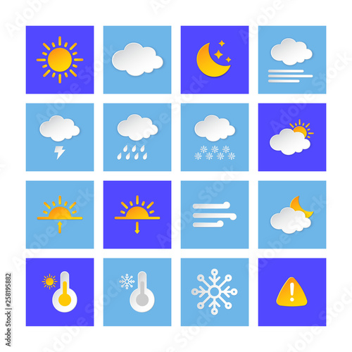 Weather forecast info icon collection layered style. Climat weather elements. Modern button for Metcast WF report, meteo mobile app, business template, marketing, web.