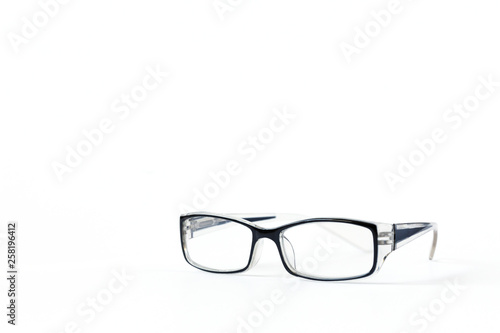 Glasses in a black frame on a white isolated background.copy space