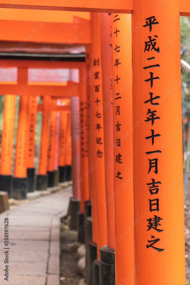 Close-Up of Torii Gates on the Inari mountain in the forest. Fushimi Inari Taisha, Kyoto, Japan Close-Up of Torii Gates on the Inari mountain in the forest. Fushimi Inari Taisha, Kyoto, Japan