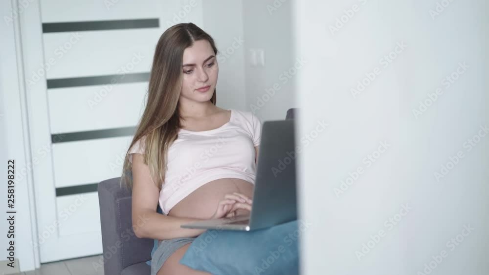 Happy pregnant woman resting on sofa, using laptop and caressing tummy Happy pregnant woman resting on sofa, using laptop and caressing tummy