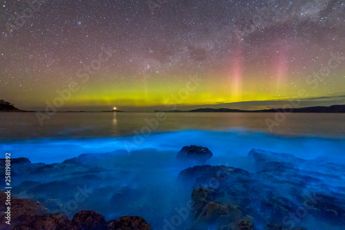 Amazing blue bioluminescence with the aurora australis or Southern Lights dancing in the sky above.