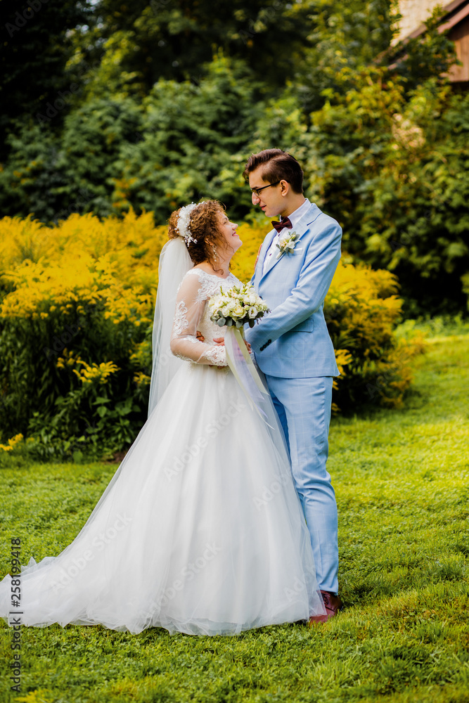 Close up beautiful wedding couple. Groom hug his charming bride in wedding dress. Close up beautiful wedding couple. Groom hug his charming bride in wedding dress.