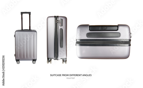 Gray suitcase with different angles isolated on white background