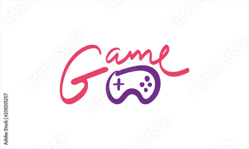 Game handwritten lettering and hand drawn gamepad isolated. Gaming concept. Beautiful inscription for postcard, print, t-shirt, inspirational poster, product package design. Vector illustration