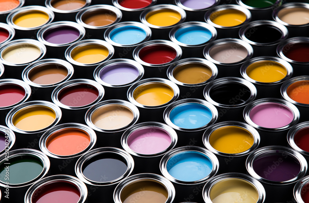 Fototapeta premium Full Buckets of rainbow colored oil paint