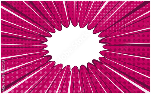 Bright pink exploding retro comic background with halftone shadow and circle of dark and light stripes. Magenta horizontal backdrop with bubble for comics book, advertising design, poster, print