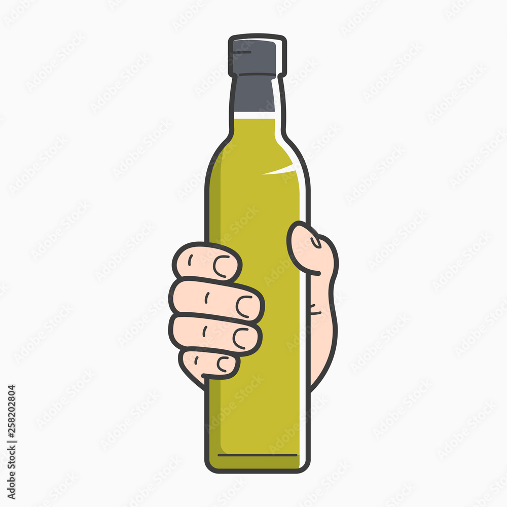 Hand hold olive oil. Male holding olive oil bottle Hand hold olive oil. Male holding olive oil bottle