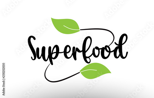 Superfood word text with green leaf logo icon design