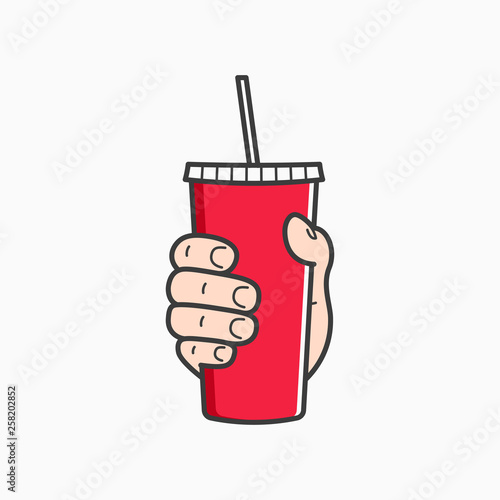 Hand hold paper cup. Male hand holding a red paper
