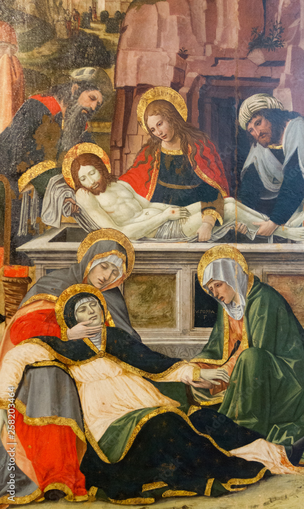 Naklejka premium Pavia, Italy. 2017/11/11. The painting of laying the dead Jesus' body in a tomb. Currently in Castello Visconteo.