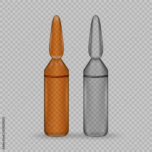 Glass ampoules vector set, medical treatment substance isolated on transparent background. Pharmaceutical capsules, hospital meds, small bottles for syringe injections with liquid dose. Vaccine poster