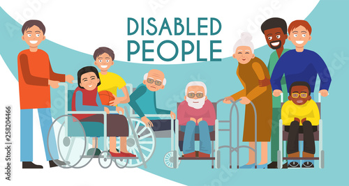 Disabled peolple active life banner handicapped children old people in wheelchair vector illustration. Disability care concept. Handicap person wheelchair friend flyer. Elderly patient invalid servise