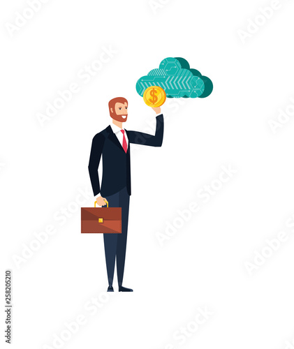 young businessman with cloud computing and coin