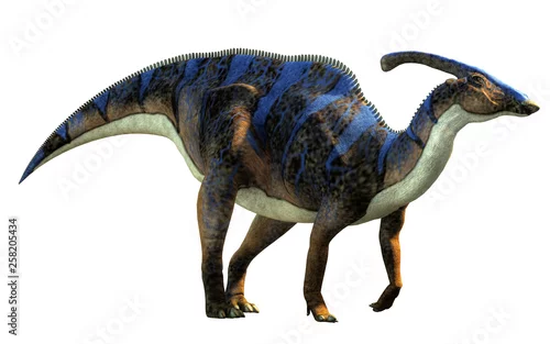 Fototapeta na wymiar Parasaurolof, rodzaj roślinożernego dinozaura ornitopodożnego z rodziny hadrosaurów w profilu na białym tle. Ten jest brązowy z niebieskimi paskami. Renderowanie 3D.