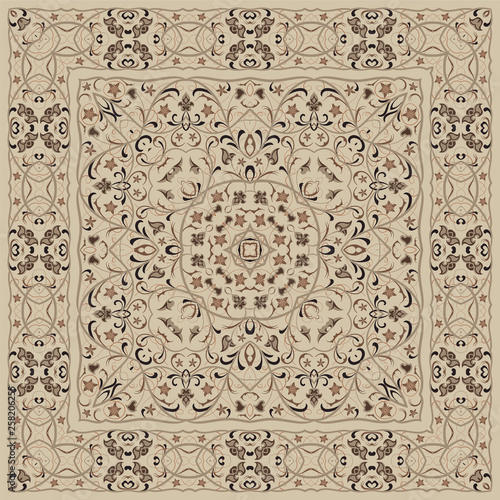 Ancient Arabic pattern. Brown Persian carpet with rich ornament for fabric design, handmade, interior decoration, textile.