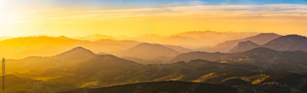 Landscape view during sunset in spring from Graz Schockl mountain in Styria Austria. Tourist destination