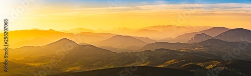 Landscape view during sunset in spring from Graz Schockl mountain in Styria Austria. Tourist destination