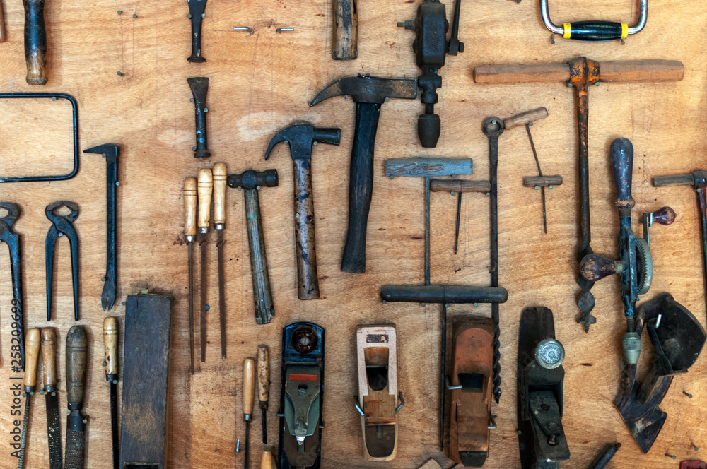 Panel con herramientas de carpintería de madera Stock Photo