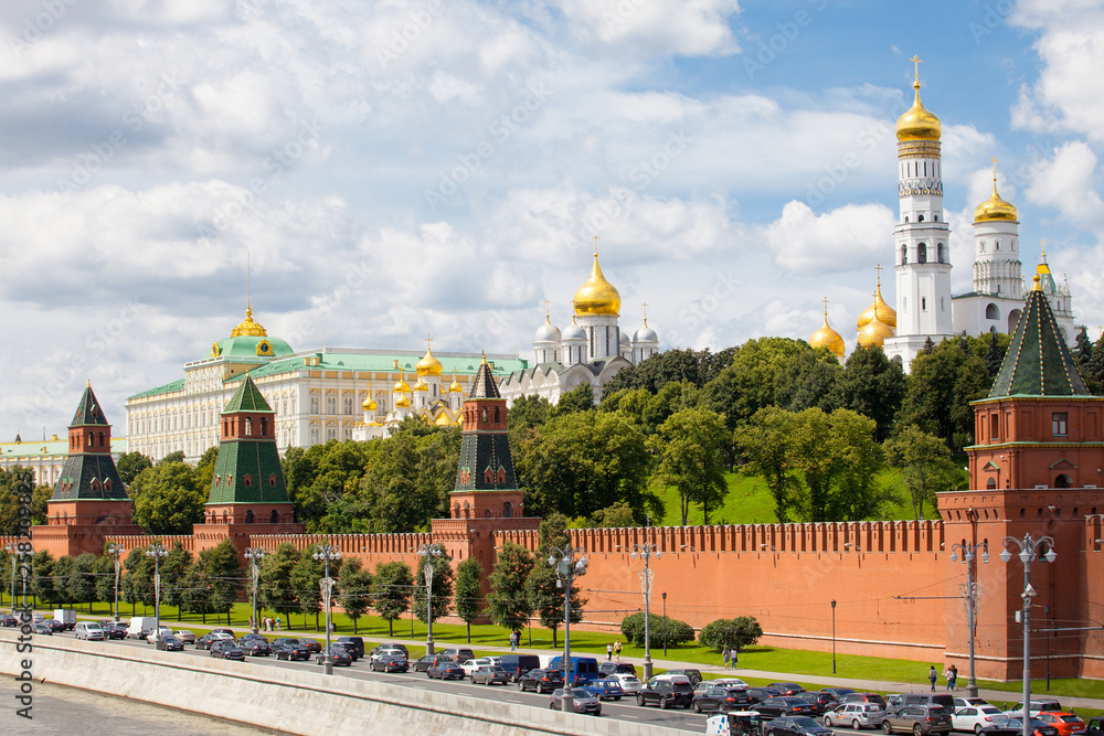 Moscow river, the ship and the Grand Kremlin Palace, Russia
