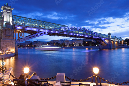 night cityscape of Moscow with river and illumination bridge Andreevsky © Astroid