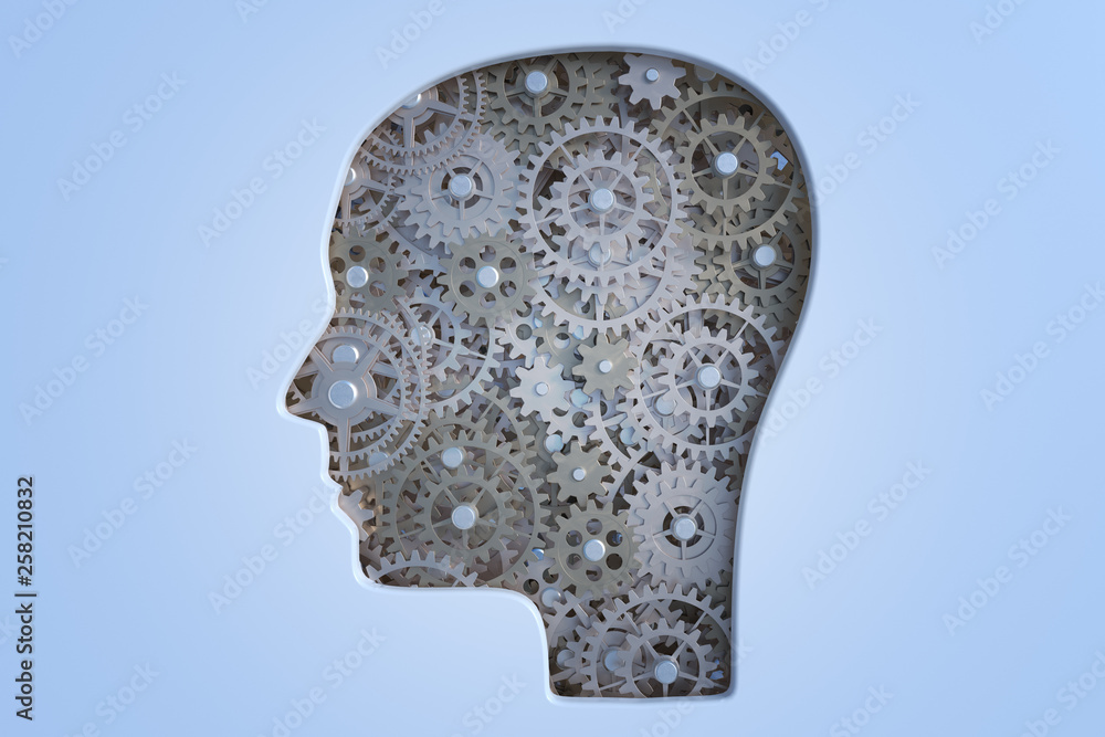 Cogs and gears inside human's head. Intelligence and psychology Cogs and gears inside human's head. Intelligence and psychology