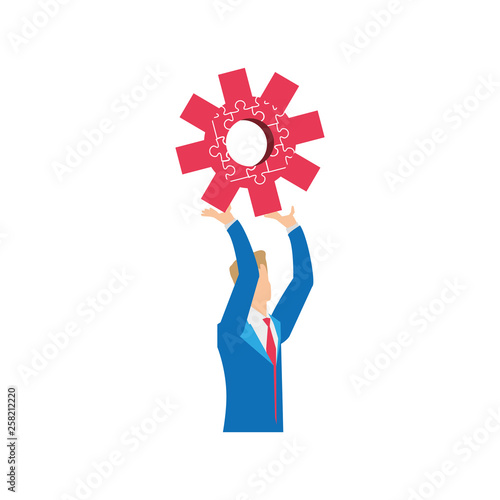 businessman with puzzle pieces in shape pinion