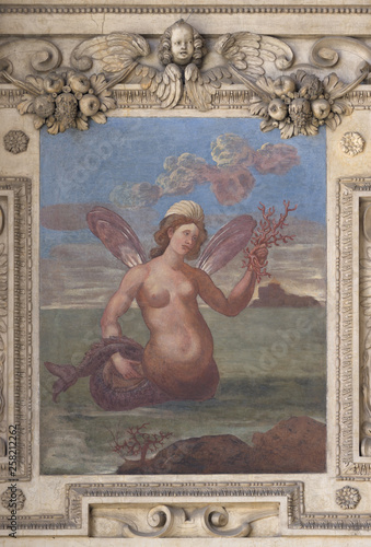 Mermaid. Wall painting in Wallenstein Palace (Building of Senat) in Prague