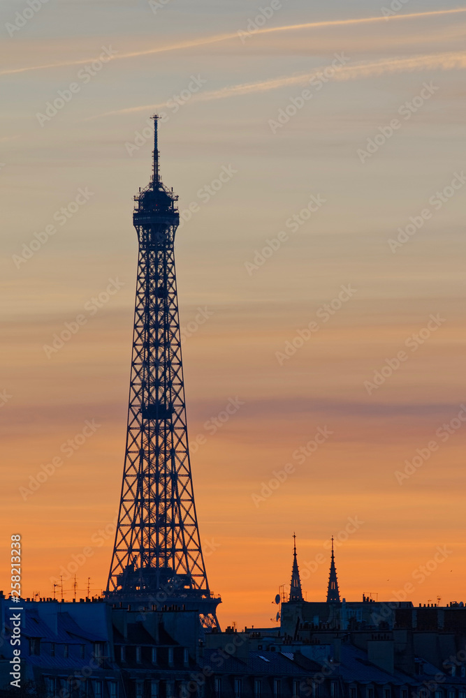 Paris, France - February 17, 2019: Eiffel tower and Pont des Arts bridge at sunset in Paris