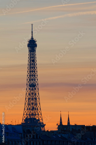 Paris, France - February 17, 2019: Eiffel tower and Pont des Arts bridge at sunset in Paris