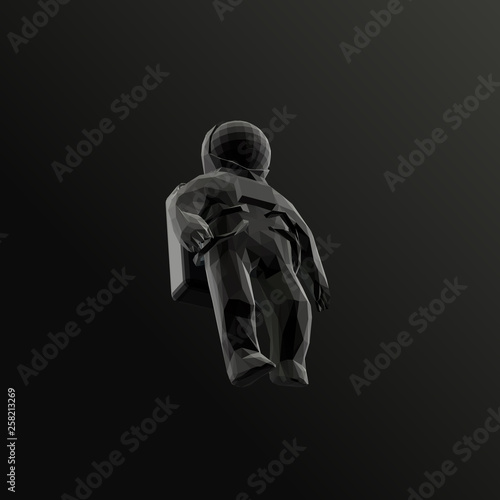 Astronaut in Black and White. Dark Low Poly Vector Greyscale Silhouette 3D Rendering